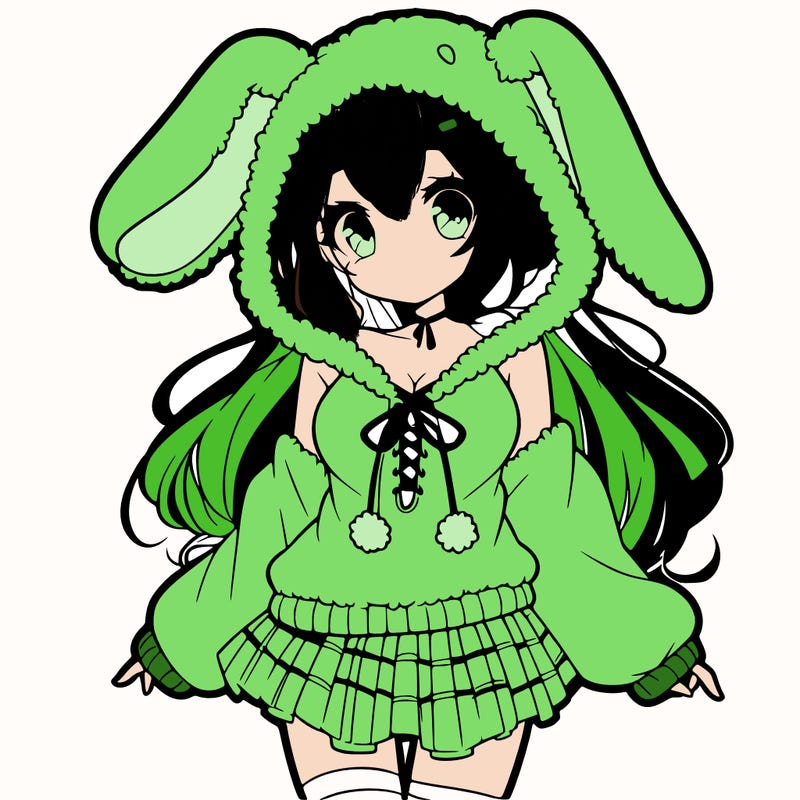 pretty anime girl wearing a fluffy hoodie with bunny ears on the hood and a skirt