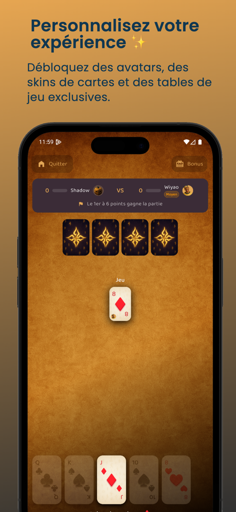 Sipa, jeu de cartes - Mobile gameplay screen of Sipa card game showing a match against AI with custom card skins and table design.