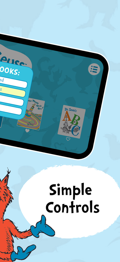 Dr. Seuss Deluxe Books app interface showing the digital library and simple child friendly controls