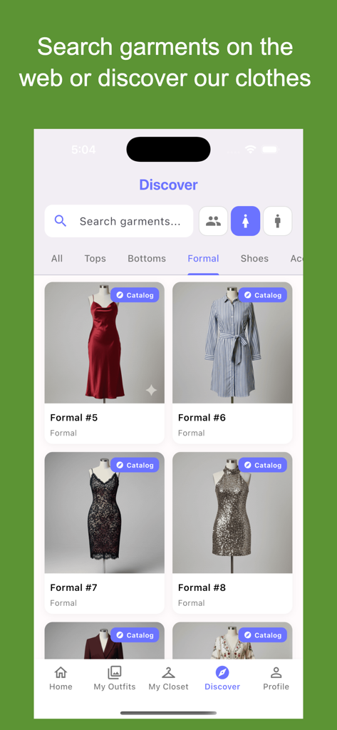 Dress Me AI - Outfits Try On - Screenshot of the Dress Me AI app discover tab showing a catalog of formal dresses for virtual try-on.