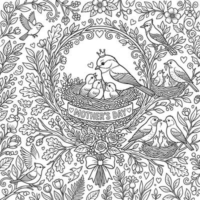 Discover a heartwarming Mother's Day scene featuring a crowned mother bird lovingly tending to her chicks amidst a vibrant forest. This intricate coloring page is a beautiful way to honor the special moms in your life.