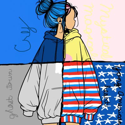 realistic girl with a oversized sweatshirt on and a bun