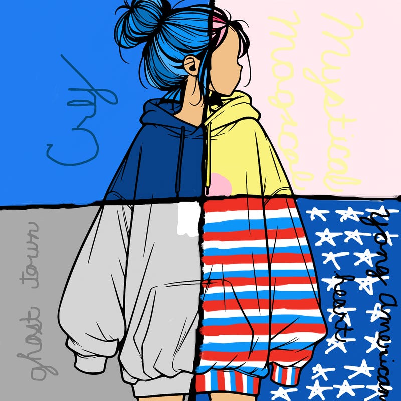 realistic girl with a oversized sweatshirt on and a bun