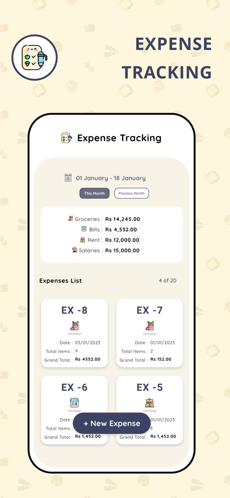Expense tracking dashboard in the Menula Restaurant Partner app showing monthly totals for groceries, bills, and rent