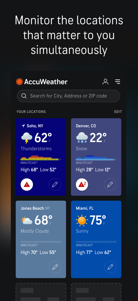 AccuWeather mobile app interface displaying real-time weather conditions for multiple saved locations simultaneously