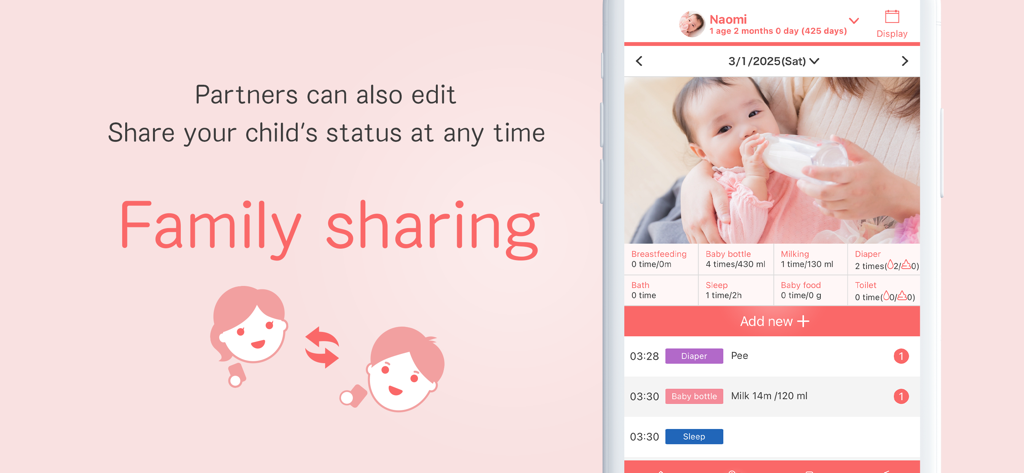 Baby journal [Babyrepo] - Screenshot of the Babyrepo app showing the family sharing feature and a daily activity log for a baby