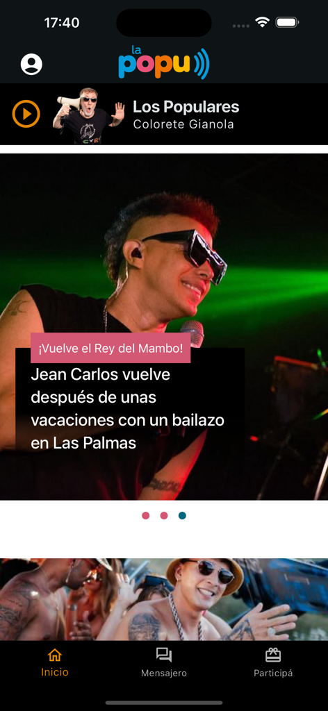 La Popu - Home screen of the La Popu radio app with live player and music news