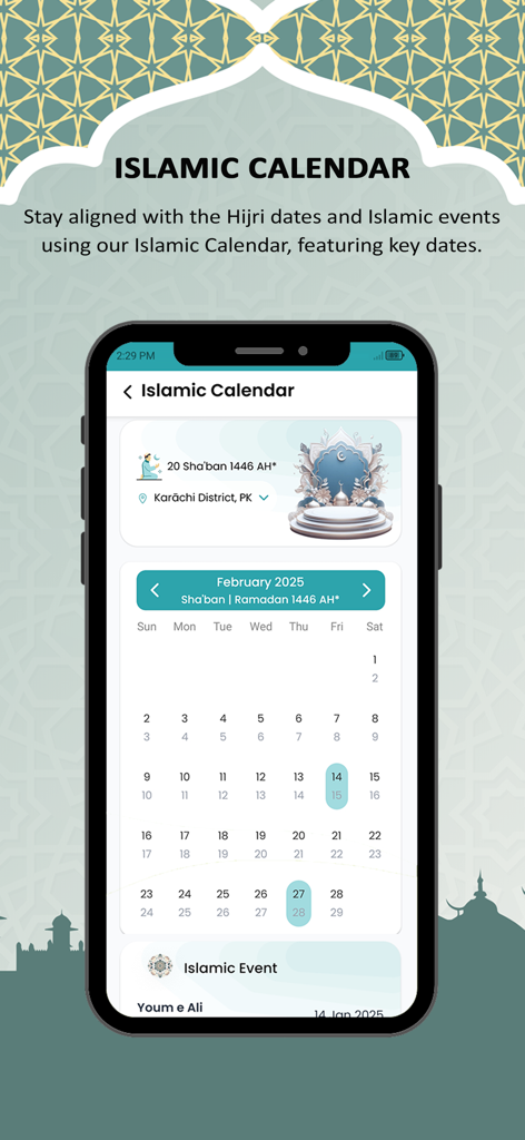 Islamuna: Prayer, Ramadan, Dua - Islamuna app Islamic Calendar interface displaying Hijri and Gregorian dates with upcoming Islamic events