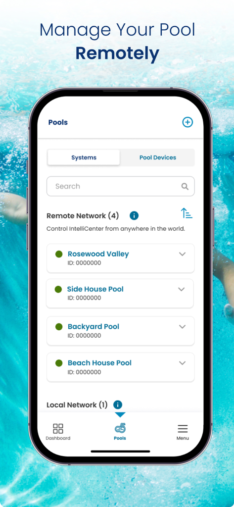 Pentair Pool - Pentair Pool app dashboard displaying multiple pool systems for remote monitoring.