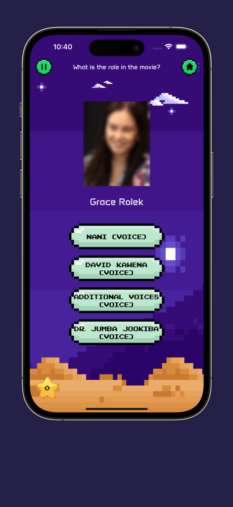 MovieBox - Quiz Your Cine - Ein mobiler Bildschirm der MovieBox-App, der ein Schauspieler-Rollenspiel-Quiz im Pixel-Art-Stil für Grace Rolek zeigt.