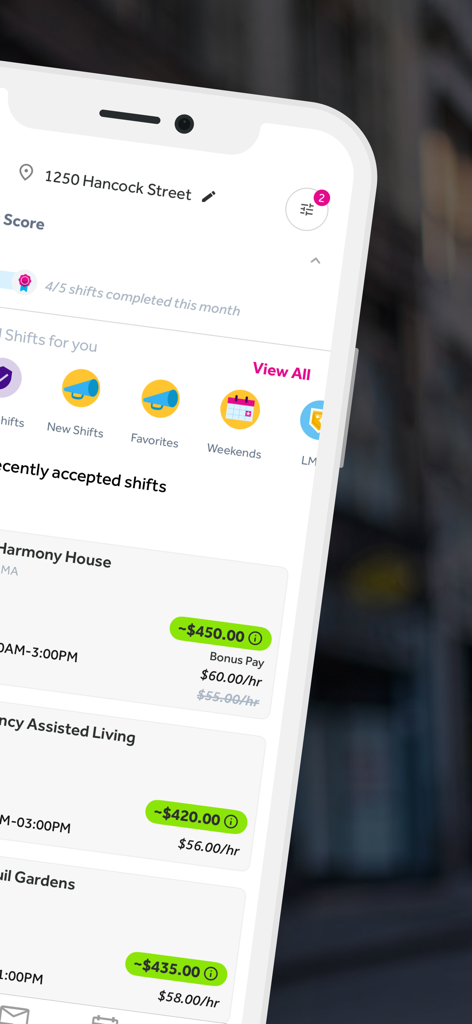 IntelyCare - Nursing Jobs - Mobile screen displaying nursing shift options with hourly pay and facility names in the IntelyCare app