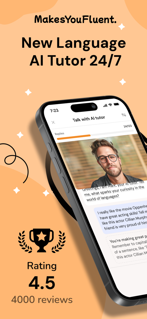 MakesYouFluent app interface featuring a 24/7 AI language tutor and 4.5 star user rating.