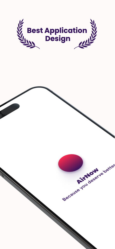 Air Now app splash screen displaying a Best Application Design award and the brand logo on a modern smartphone