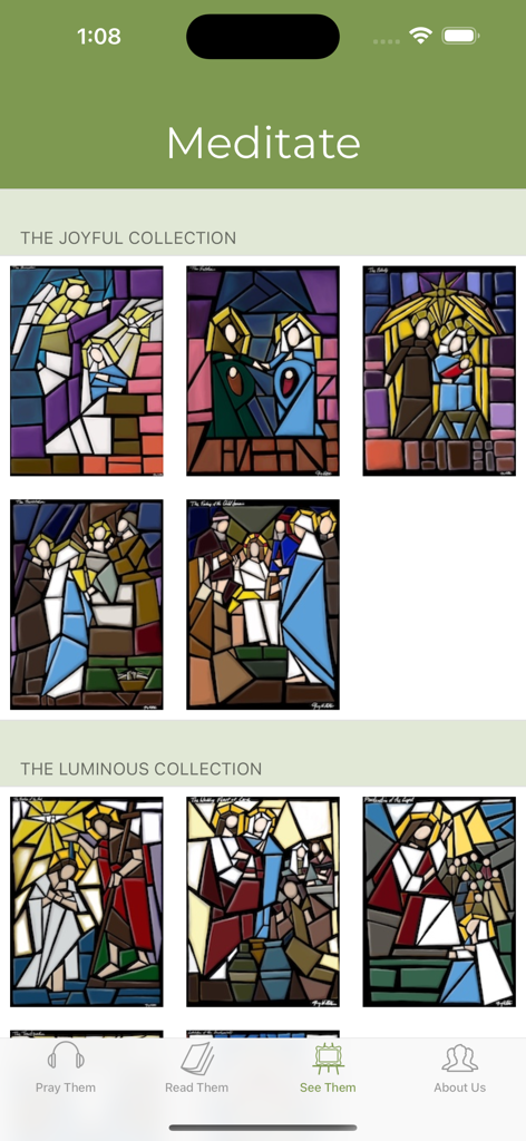 Rosary Army - Digital stained glass artwork of the Joyful and Luminous Mysteries in the Rosary Army app meditate screen