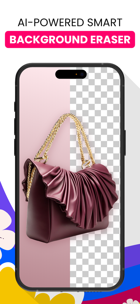 Background Eraser: PNG Maker - Smartphone-Bildschirm, der zeigt, wie ein KI-Hintergrundentferner den Hintergrund einer Luxus-Handtasche für einen transparenten PNG-Effekt entfernt