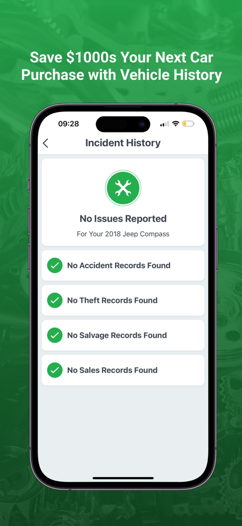 FIXD app screen displaying a vehicle incident history report with no reported issues for a 2018 Jeep Compass