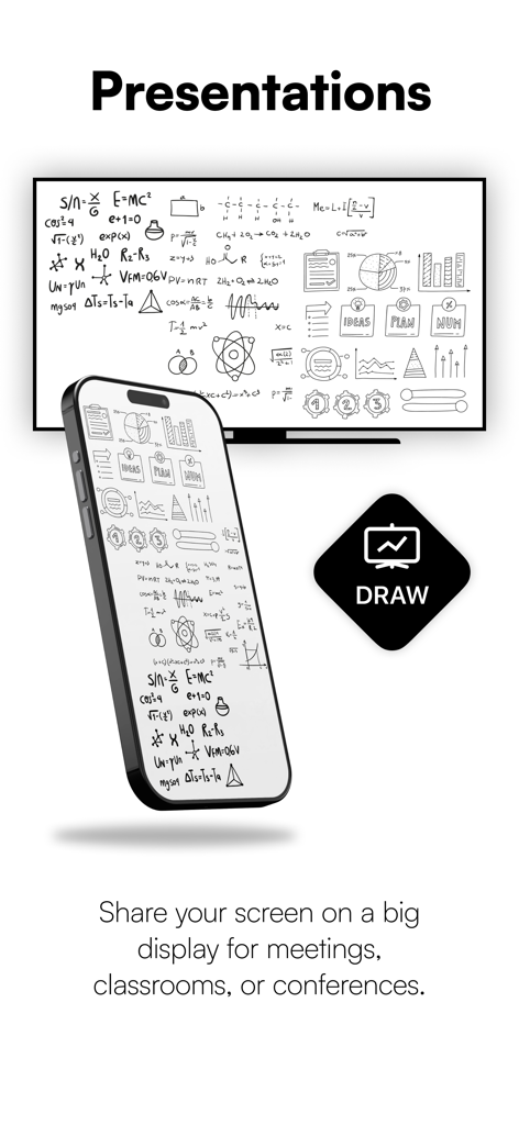 La pantalla de un iPhone reflejando notas dibujadas a mano y diagramas científicos en una pantalla de TV grande para una presentación.
