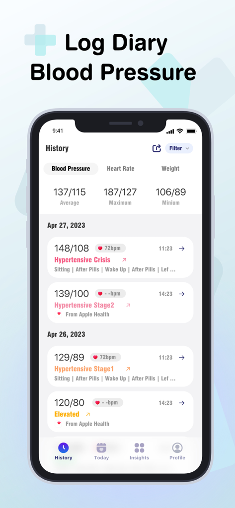 BP Health: Blood Pressure Log - A mobile app interface showing a history of blood pressure logs with categories like hypertensive crisis and stage 2