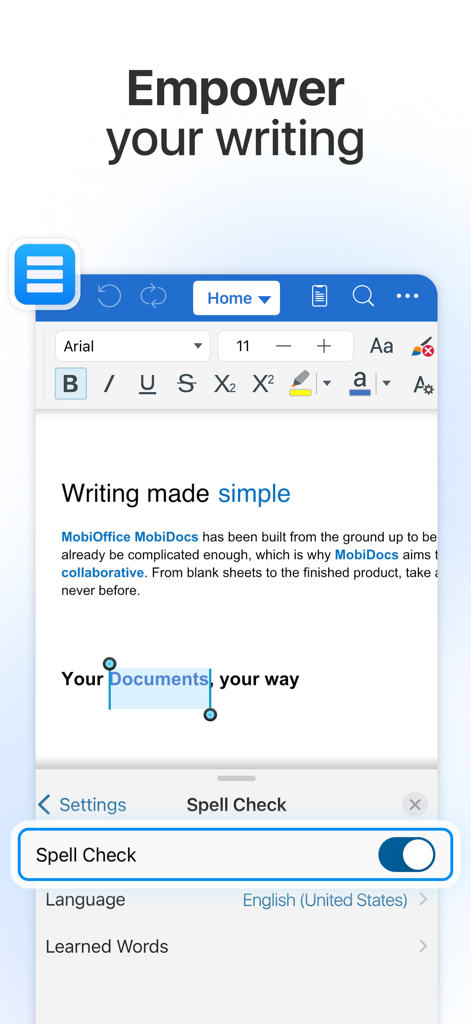 MobiOffice・Word Docs・Excel・PDF - MobiOffice 모바일 앱 인터페이스, 맞춤법 검사 기능이 활성화된 문서 작성 및 편집