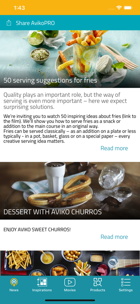 Aviko PRO - Aviko PRO App-Oberfläche mit professionellen Servierempfehlungen für Pommes Frites und Churros-Desserts für die Gastronomie