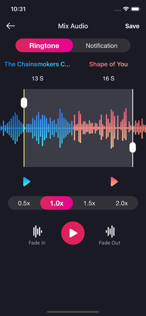 Ringtone Maker : MyRingtone - Interfaz de la aplicación Ringtone Maker que muestra la función de mezcla de audio con edición de forma de onda y herramientas de mashup de canciones