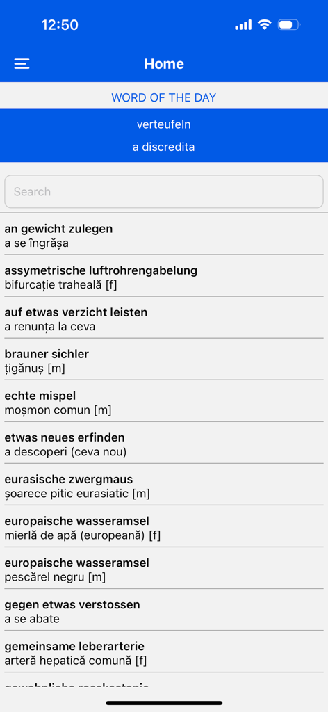 German Romanian Dictionary - Home screen of the German Romanian Dictionary mobile app showing translations from German to Romanian