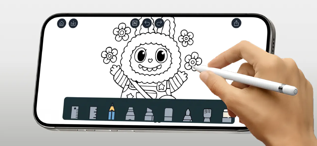 Drawing Pad - - A hand using an Apple Pencil to draw a cute character on the Drawing Pad app on an iPhone