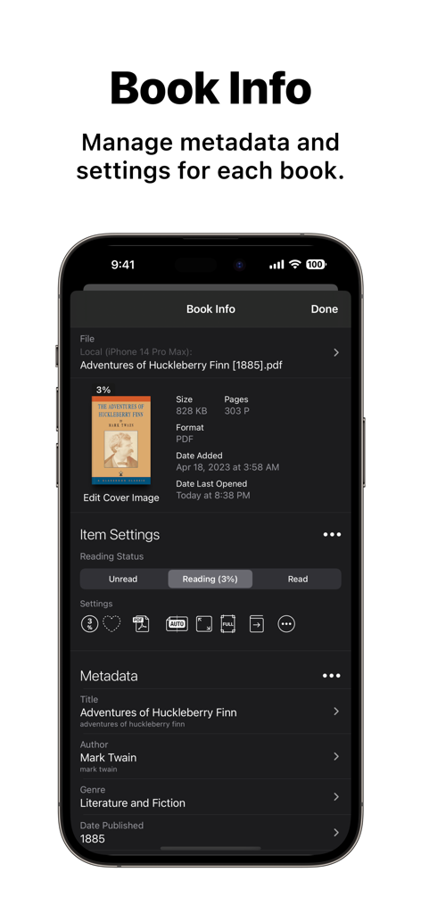 Screenshot of the Book Info screen in Booklover app showing metadata editing and reading status settings for a PDF ebook.
