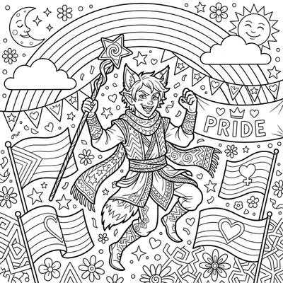 Embrace the spirit of defiance and joy with this captivating Trickster Figure coloring page, perfectly capturing the essence of Pride Month. Dive into a world of rainbows, flags, and playful mischief, ready for your creative touch.