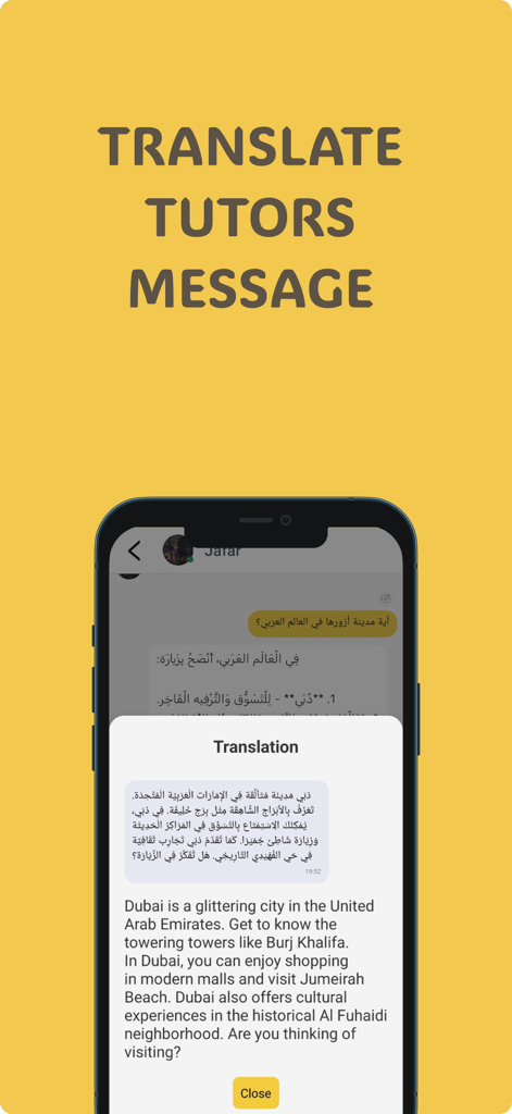 Nawa: Learn Arabic - Una interfaz móvil de la aplicación Nawa que muestra un mensaje del tutor de árabe traducido al inglés.