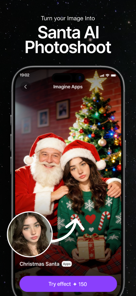ImagineArt app interface showing a Santa AI Photoshoot effect where a portrait is transformed into a Christmas photo with Santa