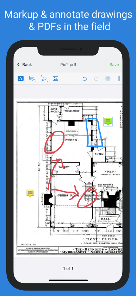 Dashpivot - Dashpivot mobile app screen showing architectural drawing markup and annotation tools