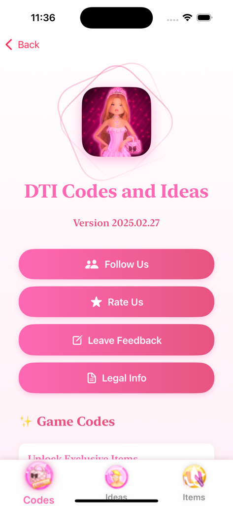 DTI:New Dress to Impress Codes - Main menu screen of the DTI Codes and Ideas mobile app for Roblox players