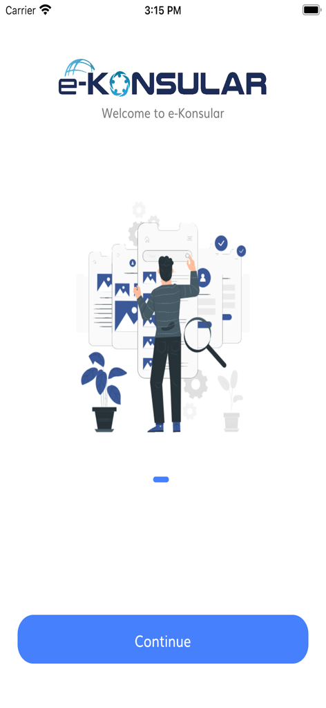 Sistem eKonsular welcome screen featuring a decorative illustration of a person managing documents on a smartphone and a blue Continue button