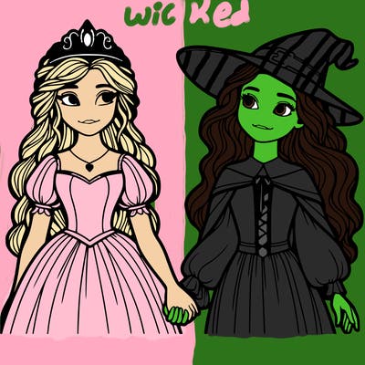 a princess and a witch holding hands realistic