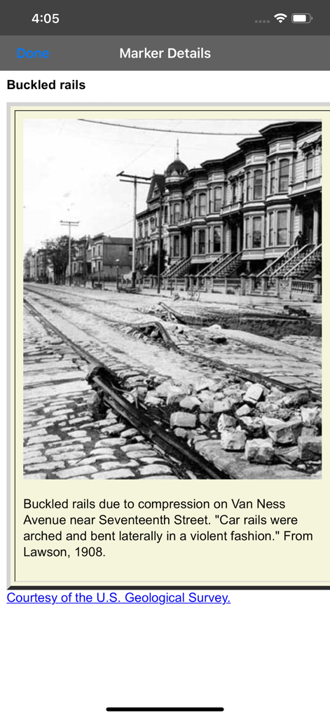 Vue détaillée d'un marqueur de carte KML avec une photo historique et une description technique.