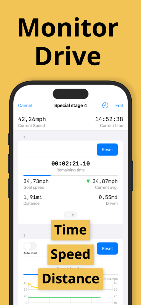 Rally Co-Pilot: Classic TSD - Rally Co-Pilot interface showing time speed and distance for a classic car rally stage