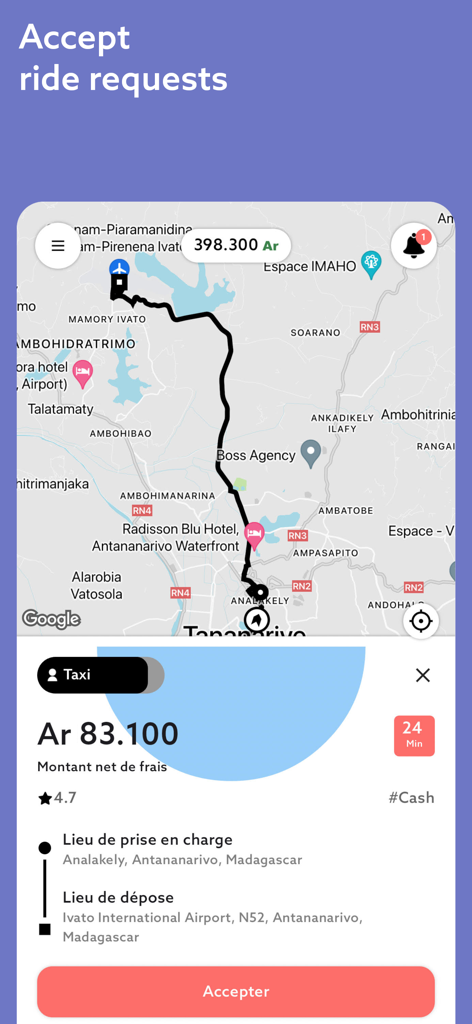 Misy Driver app interface displaying an incoming ride request with a map route and fare information