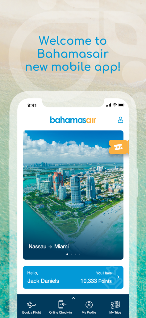 Bahamasair mobile app home screen showing flight booking options and frequent flyer rewards points