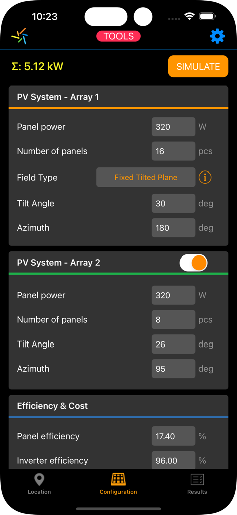 Pantalla de configuración de la aplicación My Solar Panel para configurar arreglos de paneles solares, ángulos de inclinación y parámetros de eficiencia.