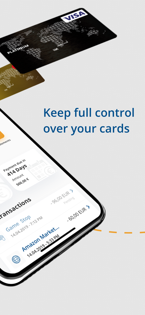 A smartphone displaying the complete Control app interface with recent credit card transactions and floating Visa cards.