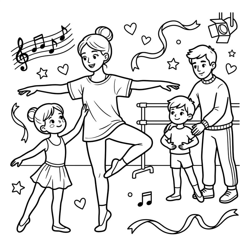 Step into the magical world of ballet with this adorable coloring page, perfect for young dancers. Watch as a kind ballet teacher guides children through graceful movements, surrounded by enchanting dance elements.