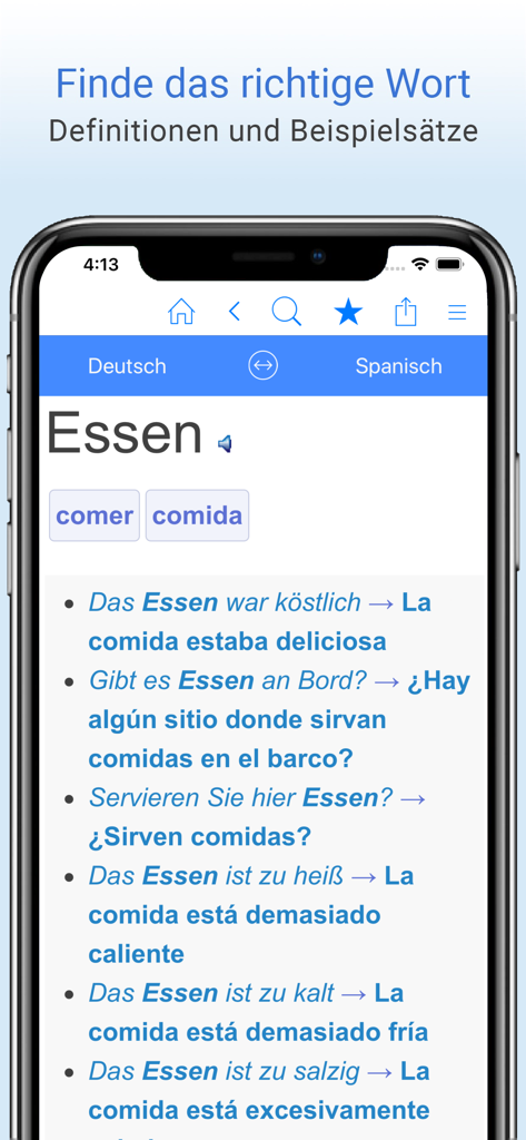 Deutsch-Spanisch Wörterbuch-Oberfläche mit Übersetzungsbeispielen für das Wort Essen.
