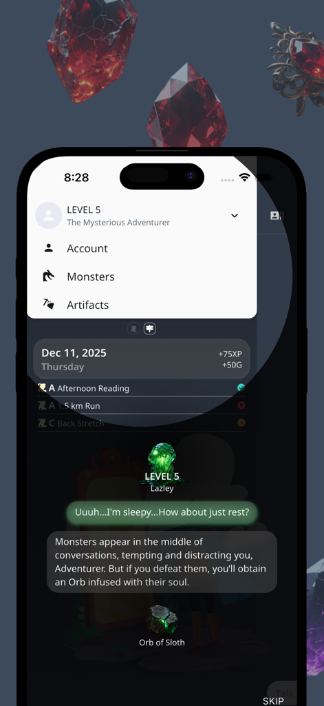 SENA: To-Do × RPG - SENA app screen showing a task list and an interaction with an AI monster named Lazley representing the Orb of Sloth.