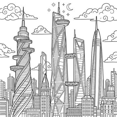 Gaze upon an awe-inspiring cityscape featuring magnificent megatall skyscrapers, each a marvel of modern architecture. This intricate coloring page invites you to bring these towering urban giants to life with your favorite colors.