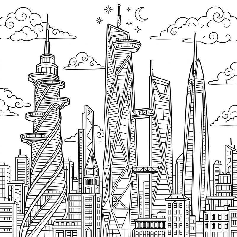 Gaze upon an awe-inspiring cityscape featuring magnificent megatall skyscrapers, each a marvel of modern architecture. This intricate coloring page invites you to bring these towering urban giants to life with your favorite colors.