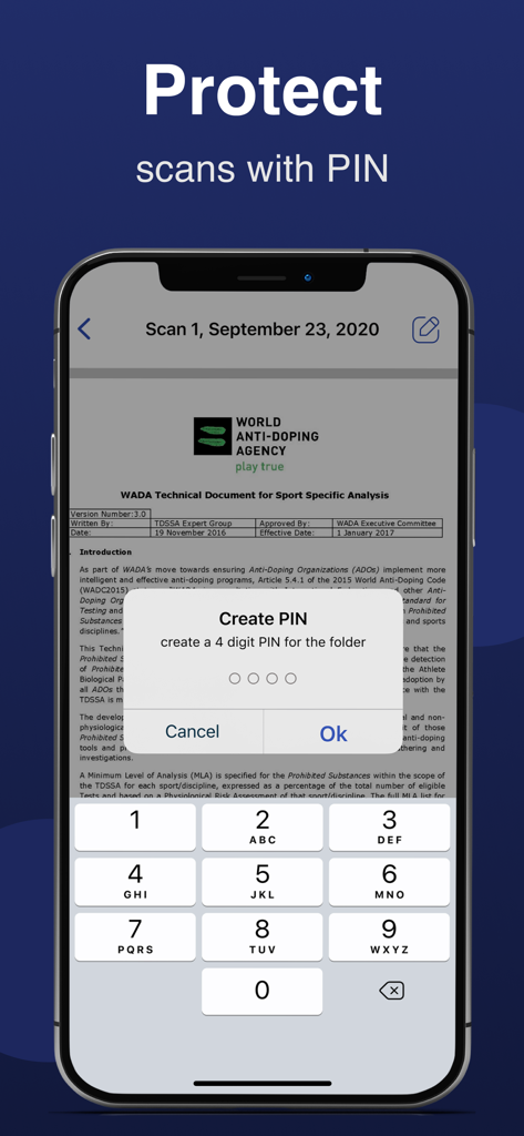Die Benutzeroberfläche der mobilen App zeigt eine Aufforderung zur Erstellung einer vierstelligen PIN zum Schutz gescannter Dokumentenordner.