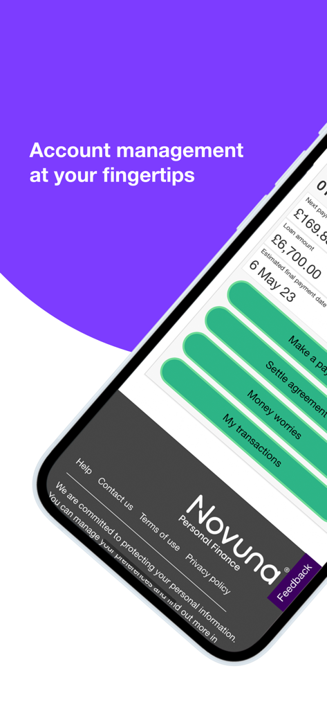 Novuna Personal Finance - Interfaz de la aplicación Novuna Financiación Personal que muestra el saldo del préstamo y los botones de gestión de reembolsos