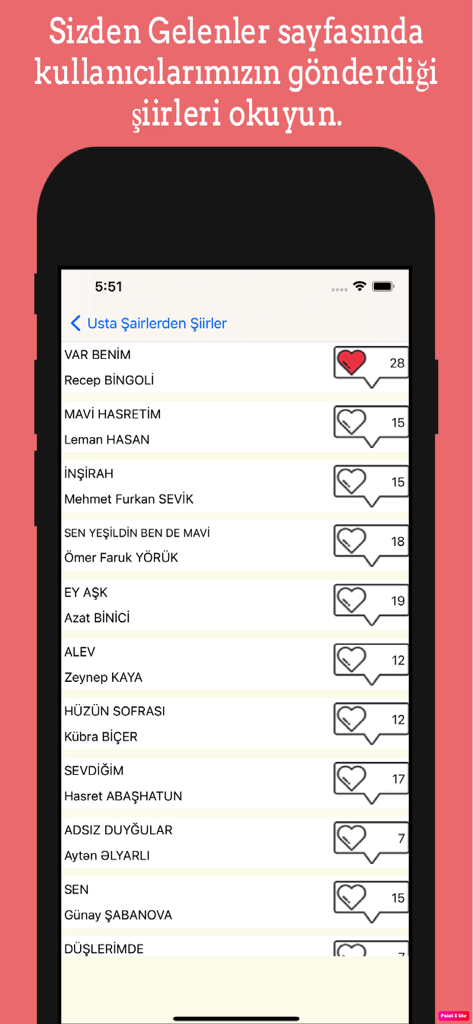 Usta Şairlerden Şiirler - Mobile app screen displaying a list of Turkish poems submitted by users with like counts
