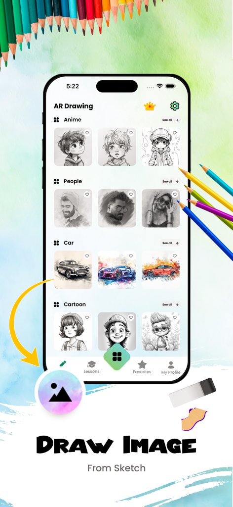 Interface of the AR Drawing app showing sketch categories including anime, people, and cars